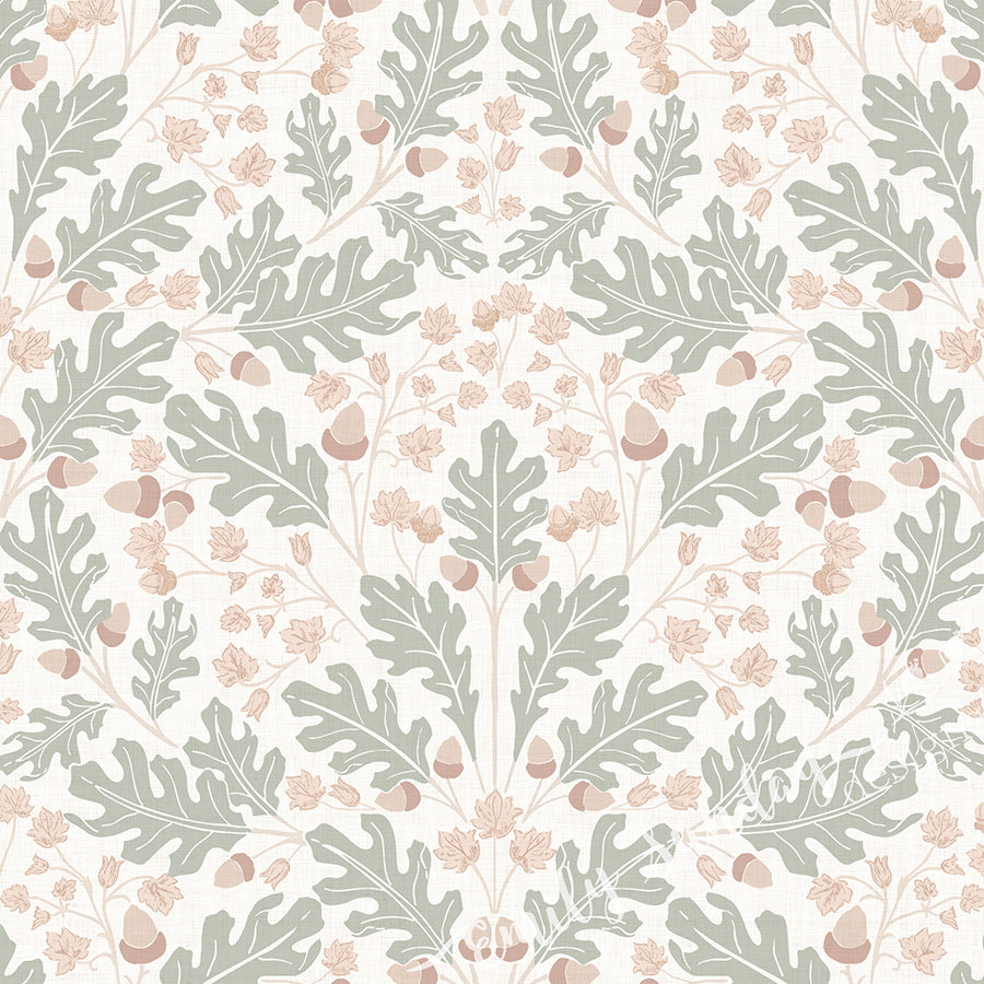 Large Scale Heritage Oak & Acorn Ogee Linen peel and stick wallpaper pattern swatch